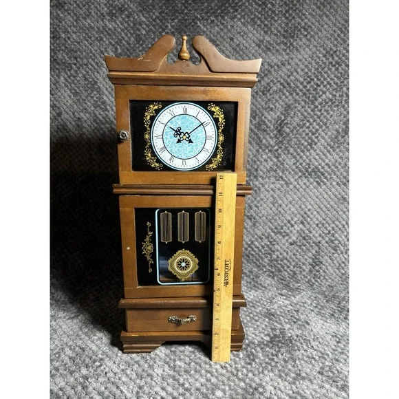 Vintage Grandfather Clock Style‎ Musical Wood Jewelry Box Armoire Hellerware
